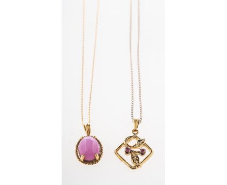 Two ruby pendants with chains, including a pendant set with an oval star ruby cabochon, in a claw rope twist mount, indistinc