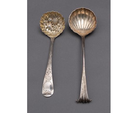 A George V silver Onslow pattern sauce ladles by Charles Stuart Harris, London 1901, with scallop shell bowl, with a Georgian