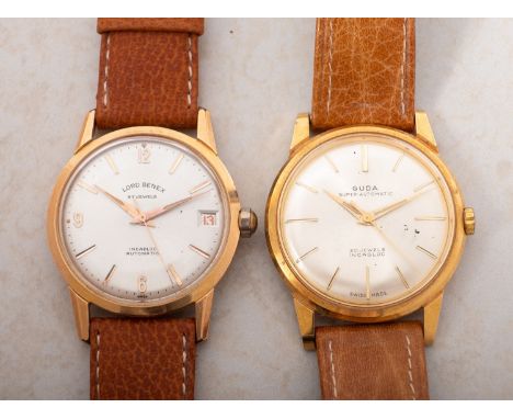 Two gold plated wristwatches the dial signed Lord Beux, 27 Jewels, Incabloc, with sweep seconds hand, date aperture, dauphine