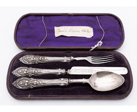 A Victorian silver three piece silver christening set by Hilliard & Thomason, Birmingham 1872, comprising of a fork, spoon an