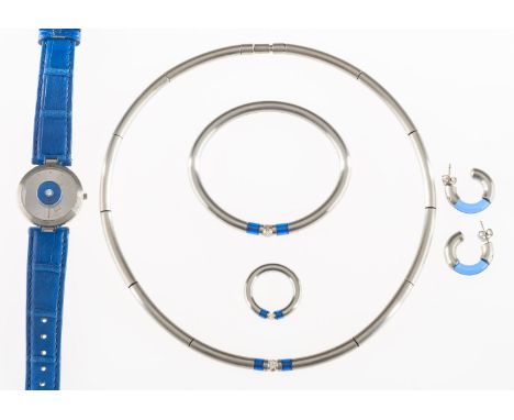 Georg Bunz. A matching watch, collar necklace, bangle, ring and earrings, including a wristwatch with a circular face, the di