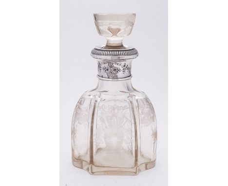 A late 19th century Continental silver and glass decanter, marked LAF in a diamond, the lobed oval body with wheel cut decora