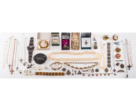 A mixed group of costume and silver jewellery and items of interest, including faux pearl necklaces; costume jewellery neckla