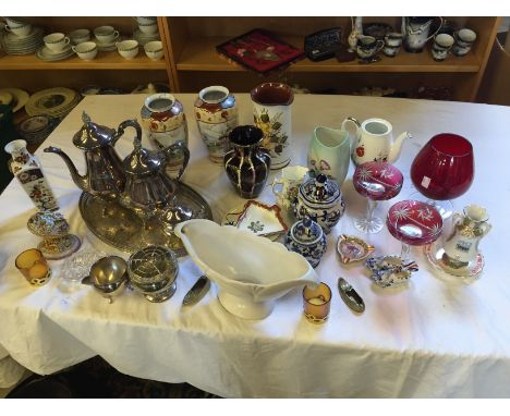 A mixed collection of ceramics including Arthur Wood, ruby glass and a silver plate coffee set.