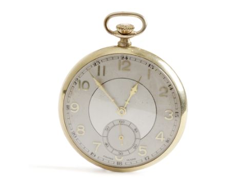 Reloj de bolsillo 1era. mitad siglo XX. Caja en plaqué de oro, esfera esmaltada con numeración arábiga y segundero a las seis