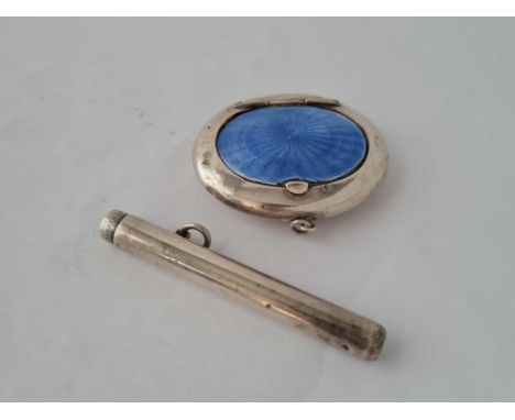 An oval enamel decorated box, Birmingham 1917 and a pencil holder?
