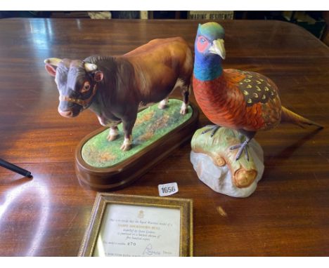 A Worcester Short horn Bull with plinth and a Spode Pheasant, damaged