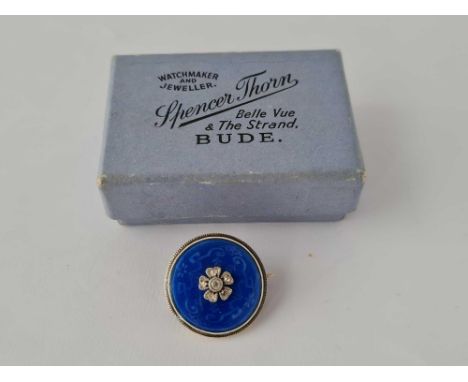 Antique Guilloche blue enamel and rose cut diamond circular brooch