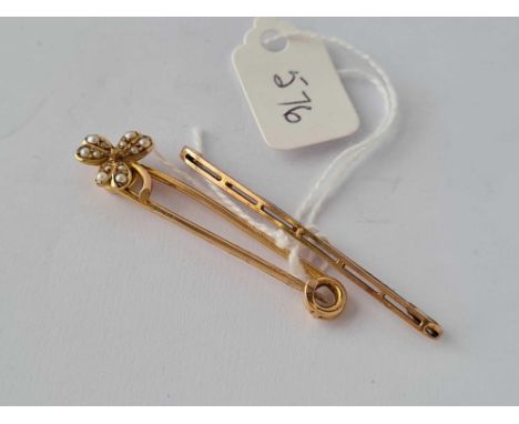 A gold and pearl clover leaf brooch and 9ct bar brooch