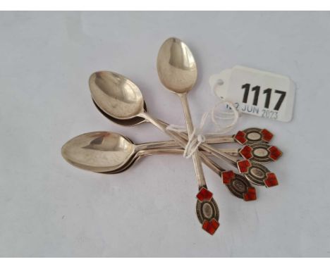 A set of six silver and enamel decorated coffee spoons, Birmingham 1937, by N &amp; J