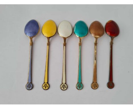 Set of six David Andersen enamel decorated spoons in fitted case.