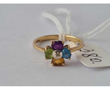 A unusual four leaf clover ring peridot amethyst topaz citrine 9ct size M     