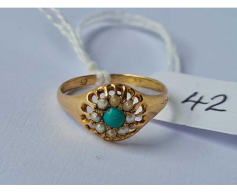 A antique turquoise and pearl ring 18ct gold size K