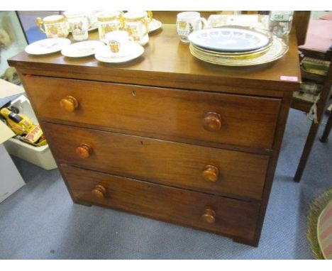 A Victorian mahogany three drawer chest of drawers, standing on bracket feet, 30" h x 36" w 