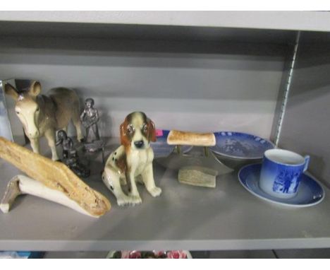 A mixed lot to include a Melba ware model donkey, Royal Copenhagen cups, saucers and plate, metal figures and other items 