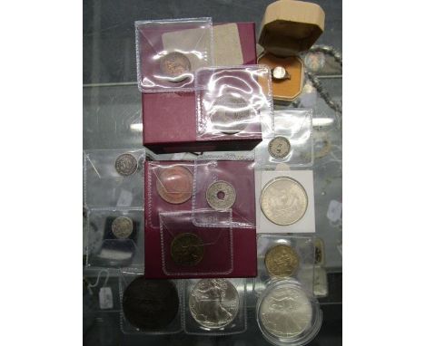 American silver dollars, 1/4 gilder, 19th century German and French coins, other coins and a silver ring and a 19th century t