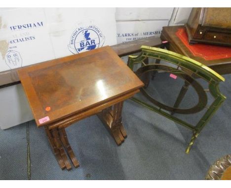 A reproduction nest of three tables, together with a mahogany wall shelf and a brass and coloured glass firescreen 