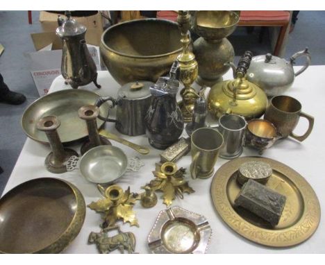 Mixed brass, copper and white metal to include a large brass planter, a bras table lamp, Eastern candlesticks and a horse bra
