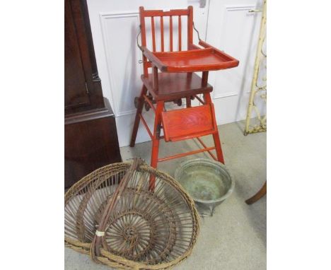 A stained vintage pine folding high chair/child's table and seat, together with a vintage flower basket and an Eastern metal 