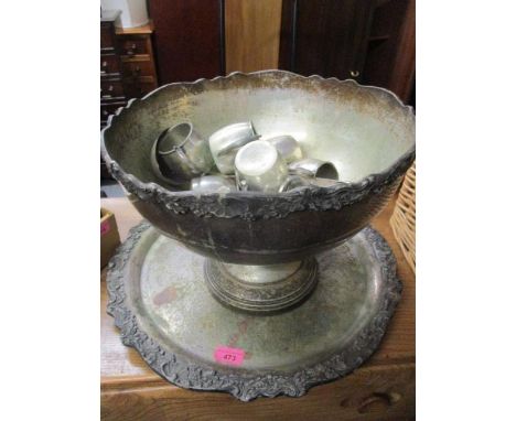 A silver plated punch bowl, a tray, cups and a ladle 