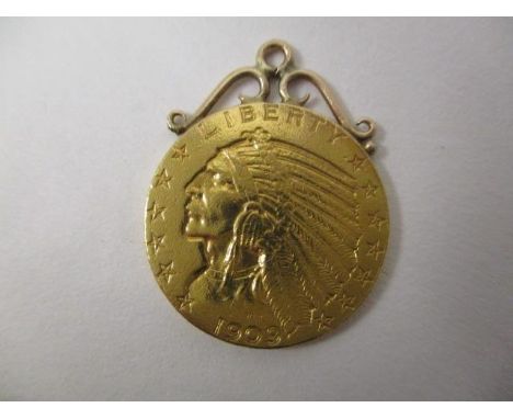 An American five dollar gold coin 1909 with suspension ring, 8.7g 