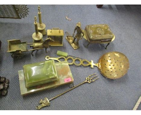 A mixed lot to include onyx dressing table items, a carriage clock, a brass fire poker and other mixed brassware 