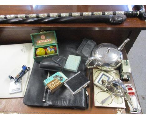 A mixed lot to include a mother of pearl inset walking stick, Concorde memorabilia, mixed pictures, Olympus camera and other 