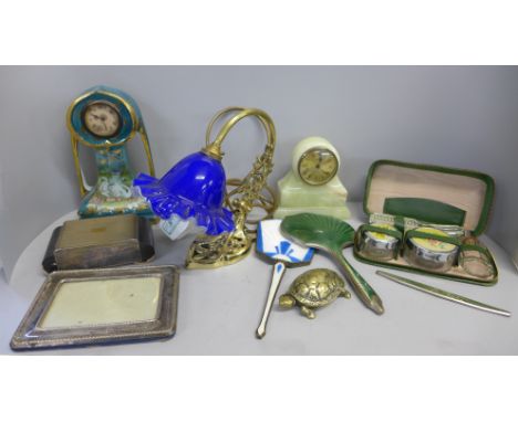 Lady's vanity sets, clocks, a lamp, fire irons, etc. **PLEASE NOTE THIS LOT IS NOT ELIGIBLE FOR POSTING AND PACKING** 