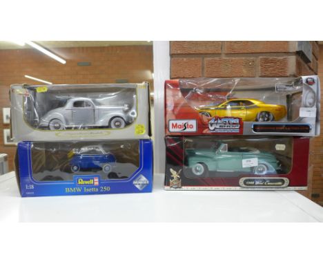 Four 1/18th scale model vehicles; Revell BMW Isetta, Signature Pontiac, Maisto 2006 Dodge Challenger Concept and Signature 19