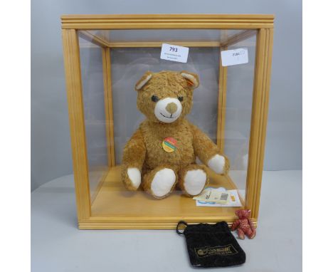 A Steiff Cosy Friends bear in display box and a miniature metal bear 