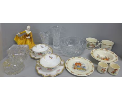 Two Royal Crown Derby Derby Days soup dishes and saucers, seconds, Royal Doulton Bunnykins, (6 items), a Royal Doulton figure