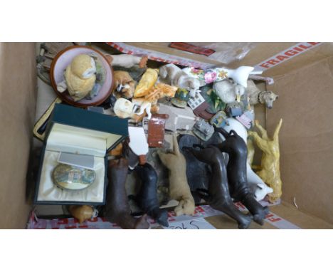 A collection of cat and dog figures, an Althrop enamel trinket pot, china cottages, Lilliput Lane cottages, etc. **PLEASE NOT