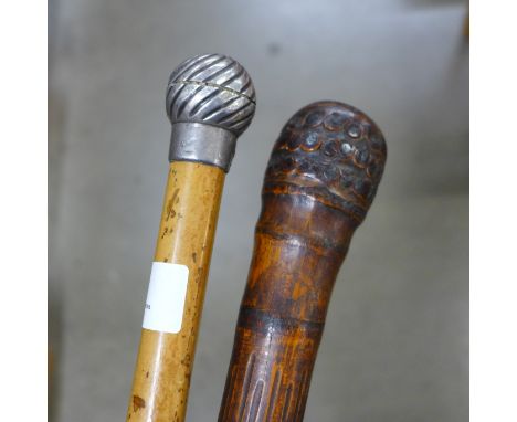 A Victorian silver mounted sword stick, Birmingham 1895, a/f, and one other c1900 bamboo sword stick