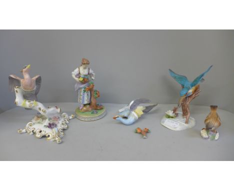 A Dresden figure and a Royal Crown Derby bird figure group, a/f, Kingfisher, etc. 