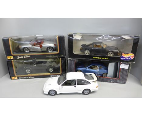 Five 1/18th scale model vehicles, Maisto Porsche Boxsley Hot Wheels Porsche 911, Maisto Mini Cooper and one other and a Minic