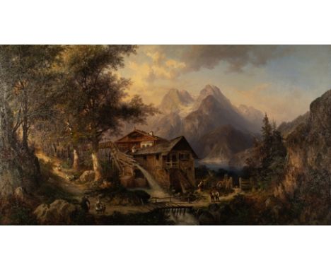 Bennekenstein, Hermann (1830 - 1890, in Berlin tätiger Landschaftsmaler),"Mühle an einem Gebirgssee", Öl auf Leinwand, signie