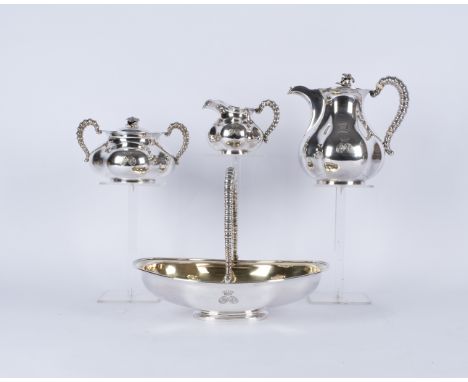 Teekanne, Zuckerdose, Sahnegießer, Gebäckschale, Silber 84er, Sankt Petersburg, 1854, Meistermarke Vaillant bzw. J.V, Beschau