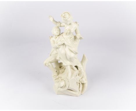 Porzellanfigur, "Liebespaar auf Felsen kletternd", Mennecy, um 1750/60, Weißporzellan, am Sockel umseitig doppelte Ritzmarke 