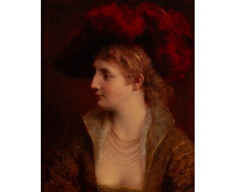 Keller, Ferdinand von (1842 Karlsruhe  - 1922 Baden-Baden),"Bildnis einer Dame mit Federhut", Öl auf dünner Holzplatte, signi
