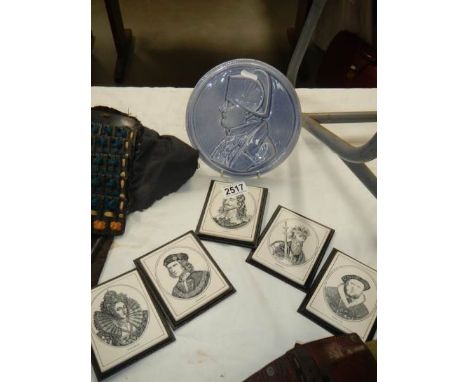 Five portrait plaques including Elizabeth 1, Henry VIII and a porcelain plaque of Napoleon.