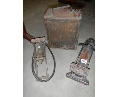 A 1949 W/D 2 gallon petrol can and 2 old footpumps (Dunlop Major and PLL Royal).
