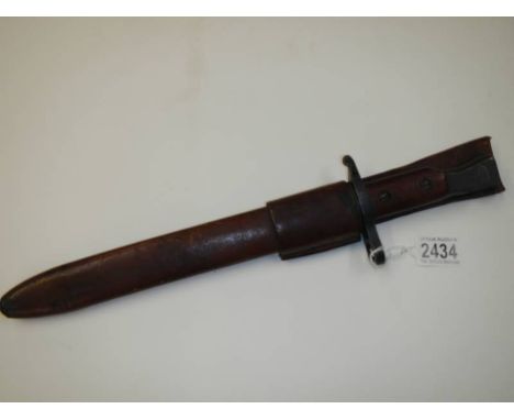 A Ross Rifle Co., Quebec patented 1907 bayonet with leather scabbard.