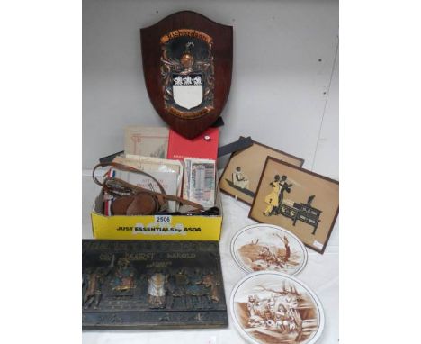 A selection of military interest items including E.R.Watts &amp; Son Verners compass, 2 Barnsfather plates, silver ARP badge,