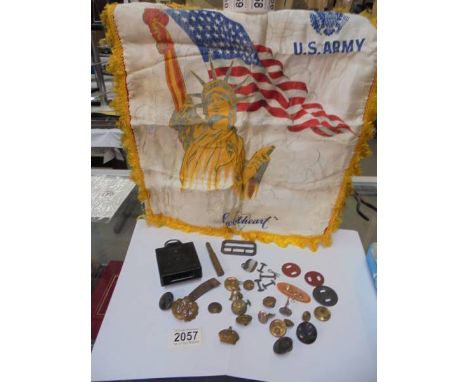 A T G &amp; Co., Ltd compass magnetic marching Mk1, a US Army Sweetheart piece and a tray of military buttons &amp; badges.