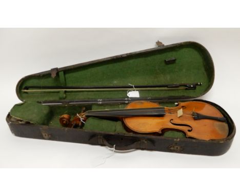 A two piece back violin 35.25cm bearing label to the interior R. Guiton, Cork, 1886 with a bow and case Condition Report: The