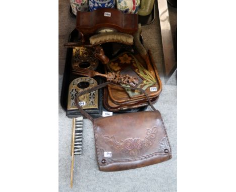 A brass mounted book slide, an Edwardian mantle clock, crumb trays and brushes and other items Condition Report: Available up