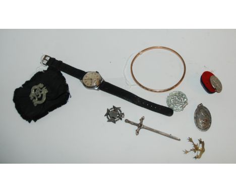 A collection of white-metal BB badges, silver kilt pin rolled gold bangle etc Condition Report: Available upon request