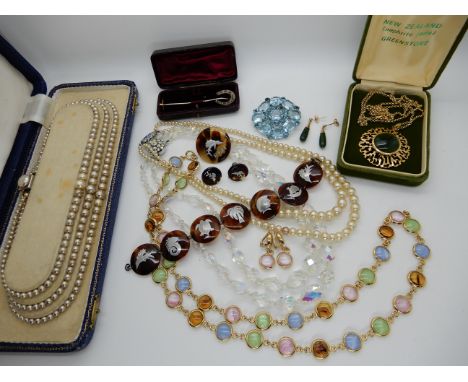 A gold plated New Zealand jade retro pendant, with a pair of 9ct gold mounted earrings, tortoise shell jewellery from Fiji an