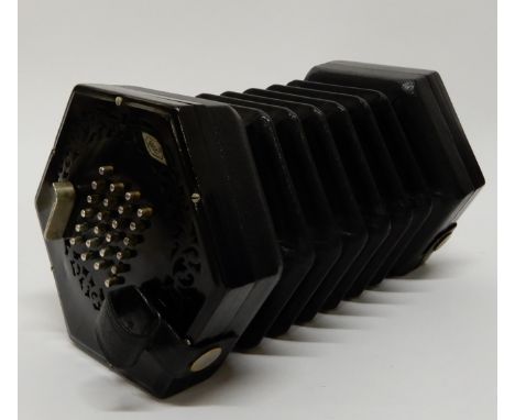 A Lachenal six bellows 48 button English concertina hexagonal in form serial number 60087, with original leather case (def) C