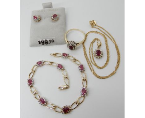 An 18ct gold ruby and diamond pendant and chain length 46cm, weight 3.5gms and a similar 9ct gold ruby and diamond bracelet s